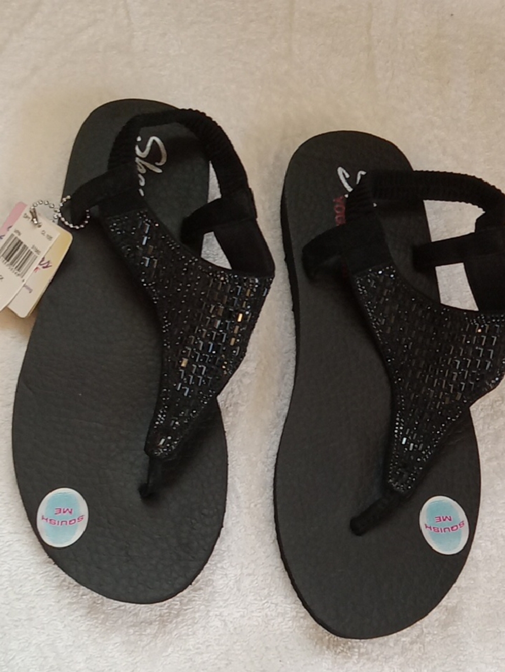 NWT Skechers Yoga Foam  Black Sparkle Thong Sandals with Elastic Back Size 11
